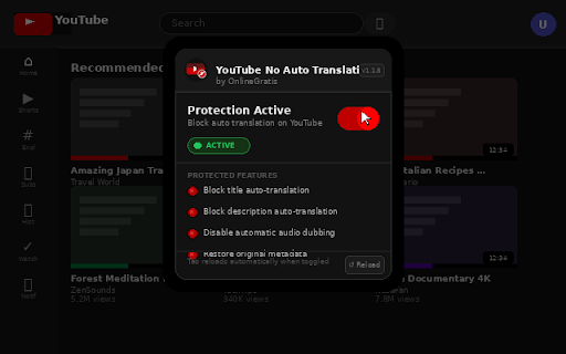 YouTube No Auto Translation & Dubbing :: Keeps YouTube in the original language: original audio plus original titles, descriptions, and metadata.