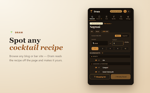 Dram — Cocktail Recipes & Your Bar :: Spot cocktail recipes on any page — scale, batch with dilution water, and track your bar.