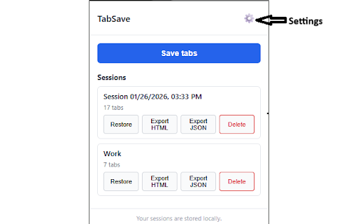 TabSave :: Save tabs into safe sessions, restore anytime, and export backups.