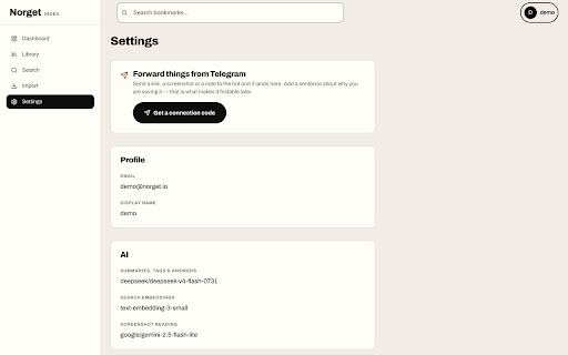 Norget - Smart Bookmark Manager :: Save a page in one click. Norget keeps the text, so you can ask questions about what you've read and get answers with sources.