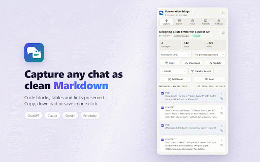 AI Conversation Bridge :: Save, search, export and organise your AI chat conversations locally, and hand a chat off from one assistant to another.