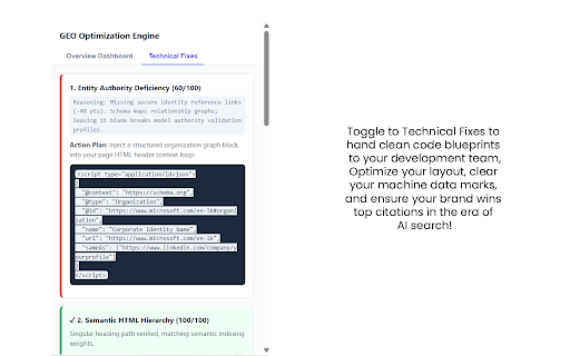 AI Visibility GEO Optimization Engine :: Analyzes how easily AI search engines and assistants like Gemini and Perplexity can scrape, index, and cite your webpage.