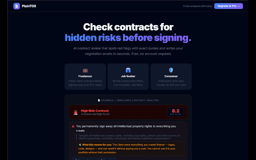 PlainTOS – AI Contract & TOS Analyzer :: Spot red flags in any contract or TOS instantly. AI analysis with exact quotes. Free, no account required.