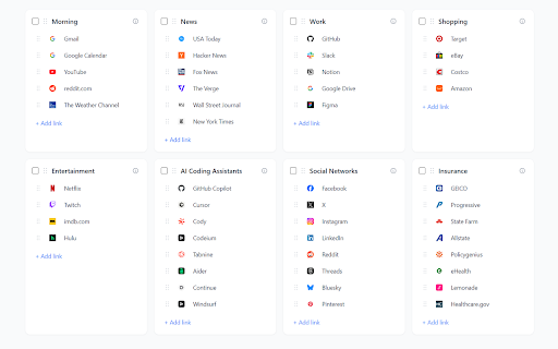 Abunch — Homepage on Startup :: Abunch turns browser startup into your launch point — every site you use, one page. Begin in a click with a ready-made collection.