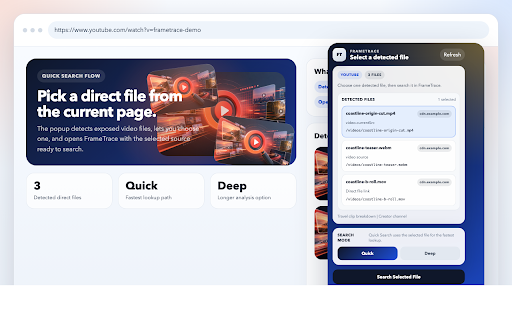 FrameTrace Reverse Video Search :: Find where any video came from. Detect webpage or local videos to find sources, full versions, and reposts online.