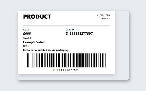 Product Label Printer :: Reads the visible product card and prints a 150 x 100 mm label with a Code 128 barcode.