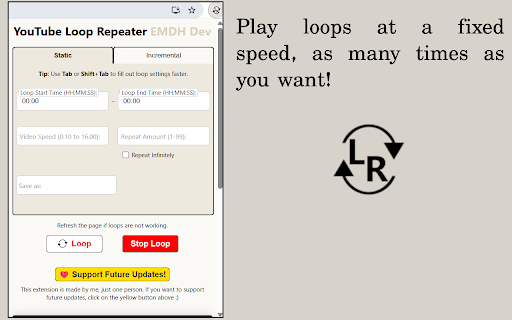 YouTube Loop Repeater: Music Practice Tool :: Loop any video/song on YouTube with custom controls, incrementally increase speed, save loops. No more clicking through videos!