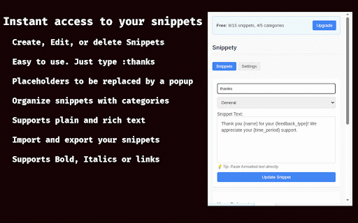 Snippety Free :: Expand shortcuts into full text snippets with placeholders