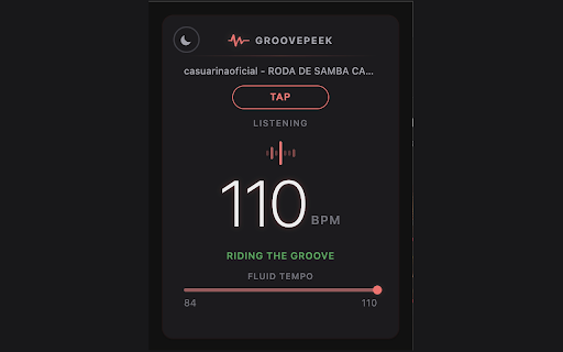 GroovePeek :: Detect the BPM of songs playing on YouTube, YouTube Music, and Spotify — live, in your browser.