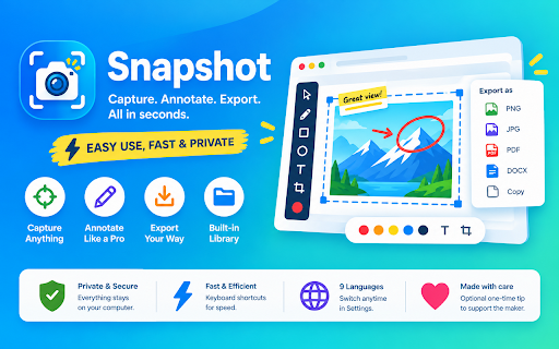 Snapshot — Full Page Screenshot, Blur & PDF :: Completely free screenshot tool. Capture, annotate, blur & export PNG/JPG/PDF/Word — 100% local, no login, no watermark, no limits.