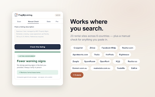 FlagMyListing - Rental Scam Detector :: Detect rental scams on Craigslist, Zillow, Rightmove & 20+ sites. Free tier included. Optional Pro upgrade available.