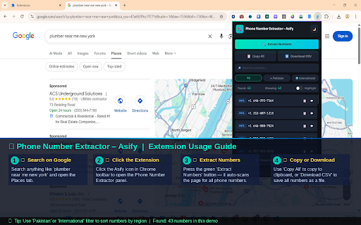 Phone Number Extractor - Asify :: Extract phone numbers from any web page instantly. Supports (+92) (+1) & 50+ formats. Copy, export CSV, or open WhatsApp directly.