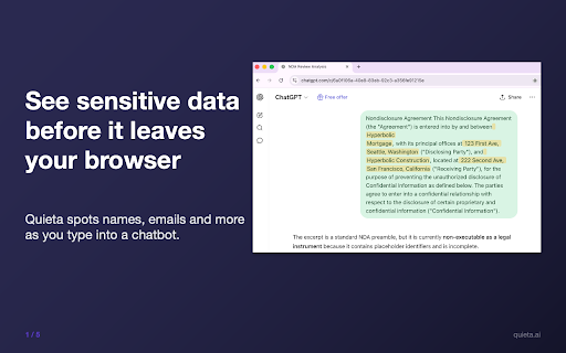 Quieta — Local anonymization for chatbots :: Anonymize your personal data before sending it to a chatbot. 100% local, via Quieta Desktop. No data ever leaves your machine.