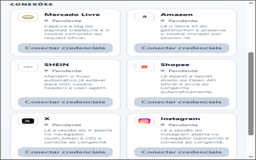 Longevita - Conector de Afiliados :: Conecta ao Longevita as credenciais de afiliado do Mercado Livre, Amazon, SHEIN e Shopee, e os cupons publicos da Shopee.