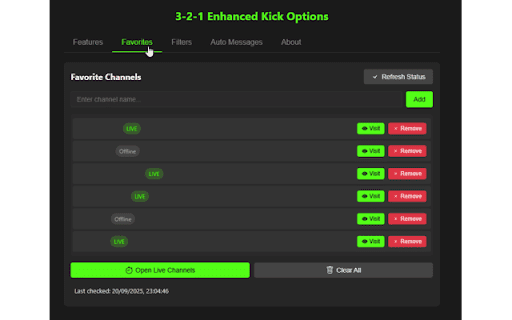 3-2-1 Enhanced Kick :: A better Kick.com experience with channel blocking, sidebar improvements, and chat statistics.