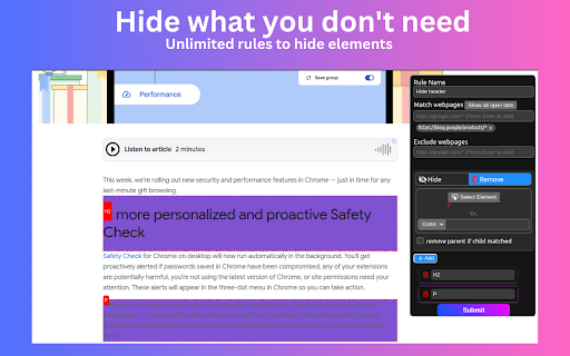 CleanView - Hide what you don't need :: Hide unwanted webpage elements with a click. Create unlimited rules to remove ads, pop-ups & distractions permanently.