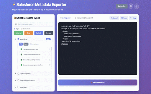 Salesforce Metadata Exporter :: Export Salesforce metadata (not data) as a ZIP file using the Metadata API. Requires active Salesforce session.