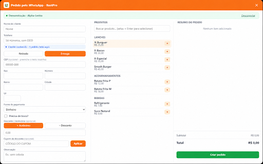 RestPro - Pedido pelo WhatsApp Web :: Monta e cria pedidos do RestPro direto na conversa do WhatsApp Web, usando o telefone e o nome do contato aberto.