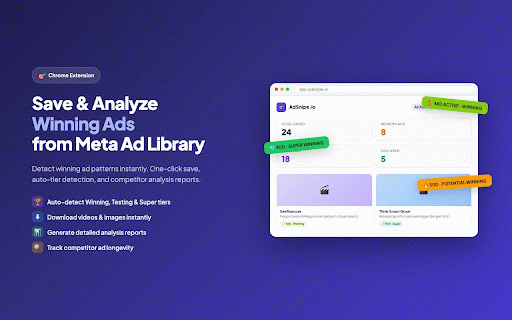 AdSnipe.io - Facebook Ad Spy, Save Winning Ads from Meta Ad Library :: Save & analyze competitor ads from Meta Ad Library. Detect winning patterns instantly.