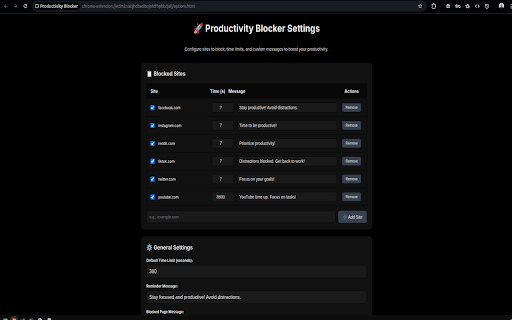 Productivity Blocker :: Block distracting websites with customizable time limits and messages to boost your productivity.