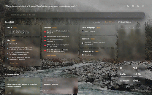 Browser Ninja :: Browser Ninja: Your ultimate productivity dashboard. Manage open tabs and take quick notes on a beautiful, gamified new tab page.