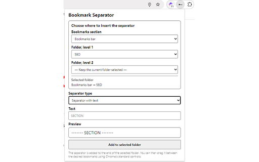 Bookmark Separators :: Adds a visual separator line or a separator with text to standard Chrome bookmark folders.
