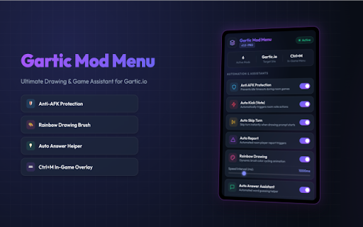 Gartic Mod Menu - Drawing & Game Assistant :: Ultimate English Mod Menu & Drawing Assistant for Gartic.io with Anti-AFK, Rainbow Brush, Auto-Skip, and customizable game tools.