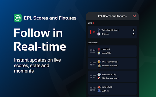 EPL Scores and Fixtures :: Follow live Premier League fixtures, results, standings & stats. Get real-time updates on matches, clubs, and players in Chrome.
