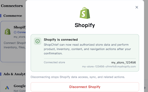 ShopChief Shopify Connector :: Connect your Shopify store to ShopChief. Complete authorization in your browser without manually copying access tokens.
