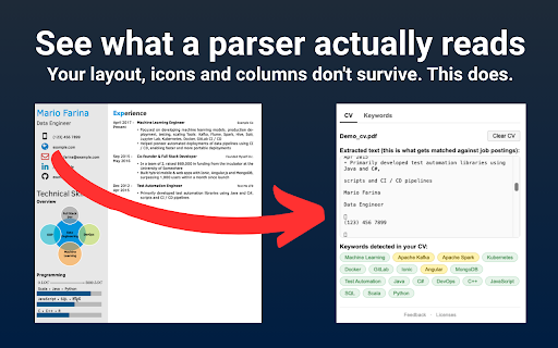 Vitae: See What Resume Parsers Read :: Highlight job posting keywords against your CV. Fully offline, nothing leaves your browser.