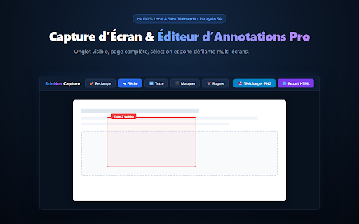 Scionos Capture :: Capturez une page, une zone visible, sélectionnée ou défilante, puis annotez et exportez localement en PNG ou PDF.