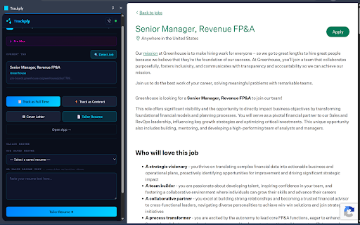 Trackply :: Track jobs, generate AI cover letters, and manage applications from any job listing page.
