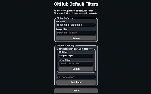 GitHub Default Filters :: Allows configuration of default filters for GitHub issues and pull requests