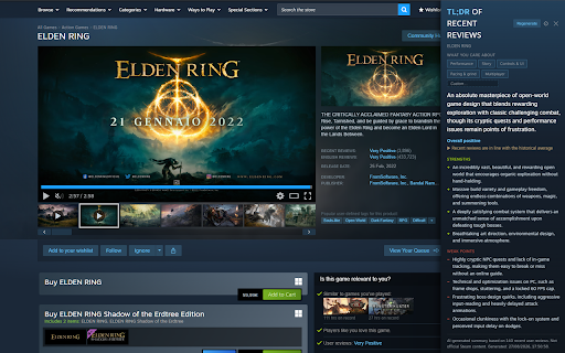 Steam TL;DR :: AI summaries of a game's recent Steam reviews, right on its store page. Start free with a Gemini key.
