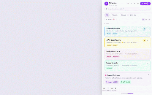 Notewise – Smart Site Notes :: Instantly jot notes tied to any website. Pin, tag, search, color-code and export notes – all stored locally. No account needed.