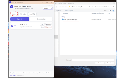 Open my files & apps :: Open files, folders & URLs from one panel. Optional Windows helper for native pickers; list stays local.