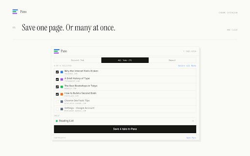 Pano: Your internet library :: Save links from any tab into one library. Organize them into searchable shelves. Keep them private or share them.