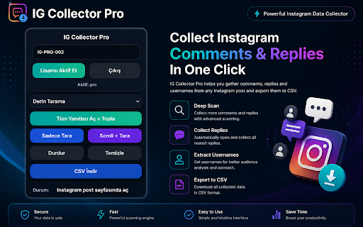 IG Comment Reply Collector Pro MVP :: Collect Instagram comments and replies. Free users can export 100 comments; Pro unlocks unlimited CSV export.