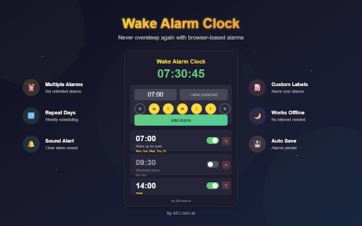 Wake Alarm Clock :: Set alarms and wake up on time. Reliable browser alarm with custom sounds. by AIO.com.ai