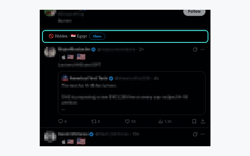 X-Pat — X profile location, filter and highlight :: See the country any X profile posts from — country flags, VPN warnings, and country filters, read from X's own data.
