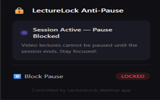 LectureLock Extension :: Blocks distracting websites and prevents pausing video lectures. Controlled by LectureLock desktop app.