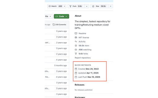 GitHub Quick Metadata :: Display GitHub repository metadata including creation date, update time, and customizable fields directly in the About section