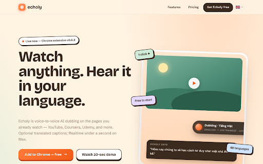 Echoly — AI voice dubbing & translation for video :: Voice-to-voice AI dubbing and live translation for videos on YouTube, courses, and more. Hear any page in your language.