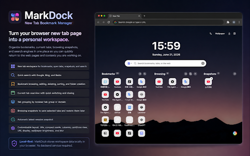 MarkDock — New Tab Bookmark Manager :: Turn your new tab page into a personal workspace for bookmarks, tabs, snapshots, and search.