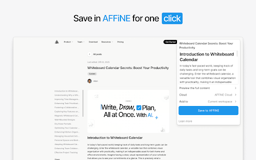 AFFiNE Web Clipper :: Save pages in a private and durable format that you can access offline. The official extension for AFFiNE.