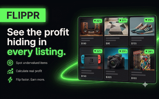 Flippr :: AI flip analysis for Facebook Marketplace. Pro: live deal tickers as you browse. Full profit reports on every listing.