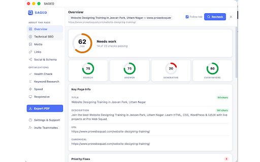 SAGEO Score Checker :: Audit any page instantly: SEO score, meta, headings, images, broken links, schema and speed. No sign-up needed.