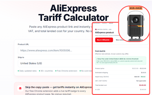 AliExpress Tariffs - AliExpress Tariff Calculator by AliTariffs :: See the real landed cost (duty + VAT) on every AliExpress product. Free, no signup. 30+ countries. Auto-applies affiliate links.