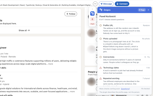 Dnipro: Profile Checker for LinkedIn :: Reads LinkedIn profiles for signals pointing to fabricated profiles.
