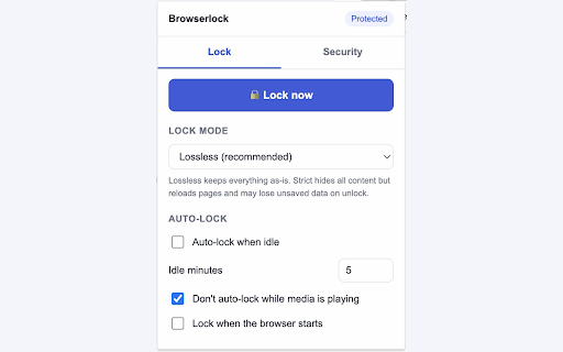 Browserlock – Password Lock for Your Browser :: Lock your whole browser with a password. Lossless mode keeps tabs and unsaved work; auto-lock and startup lock.